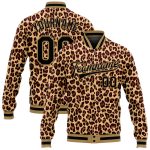 Personalized Leopard 3D Bomber Varsity Jacket in Brown and Black Old Gold Full-Snap Personalized Brown Black-Old Gold Leopard