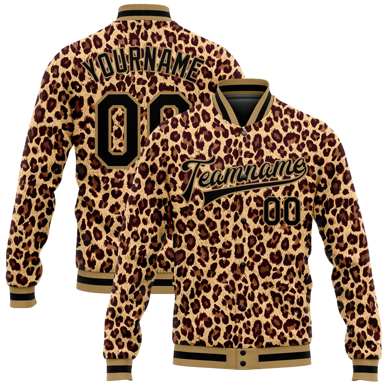 Custom Leopard 3D Pattern Full-Snap Varsity Jacket with Personalized Name and Number - Brown Black Old Gold Bomber Personalized