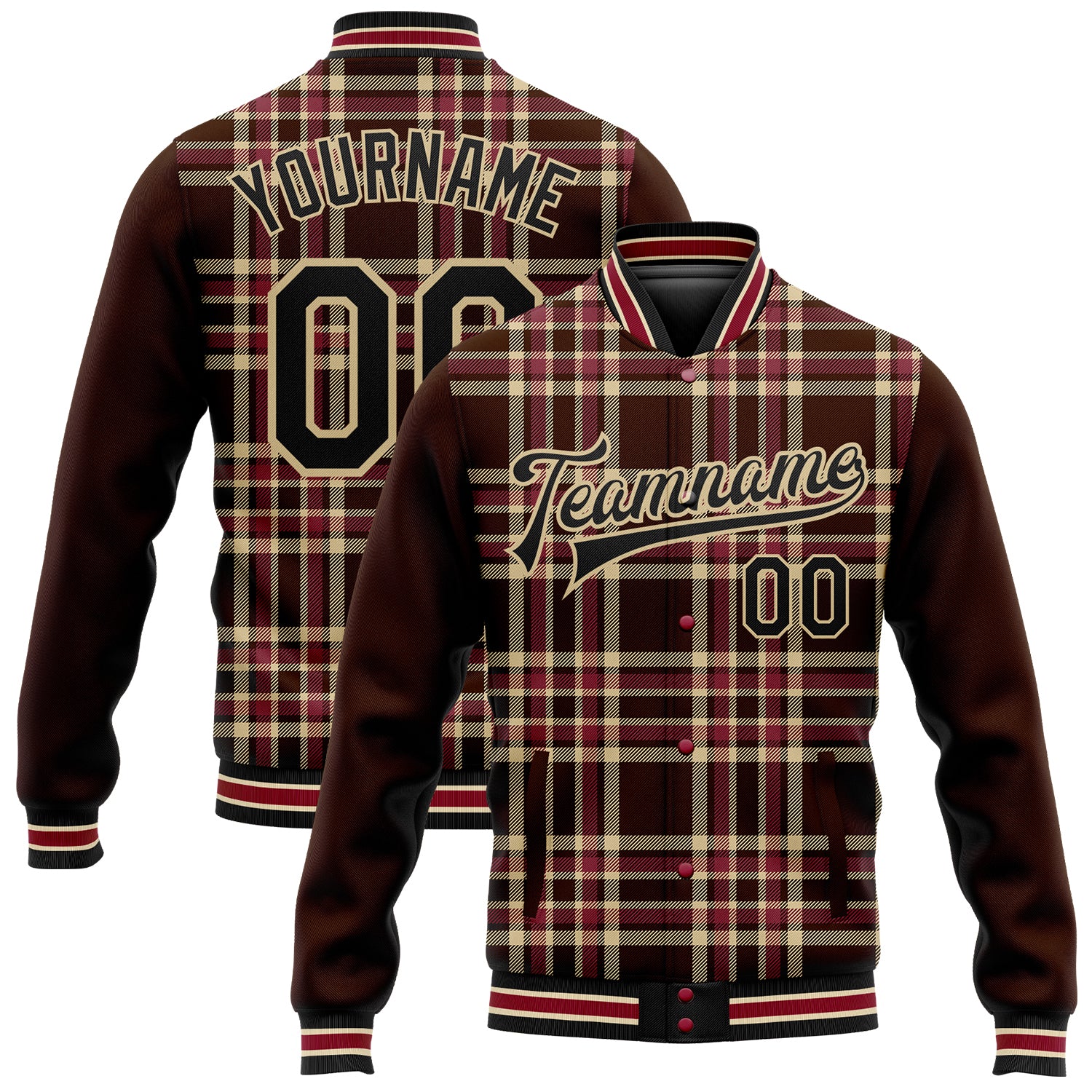 Personalized Classic Western Plaid 3D Pattern Bomber Varsity Letterman Jacket - Brown Black Vegas Gold City Cream Crimson