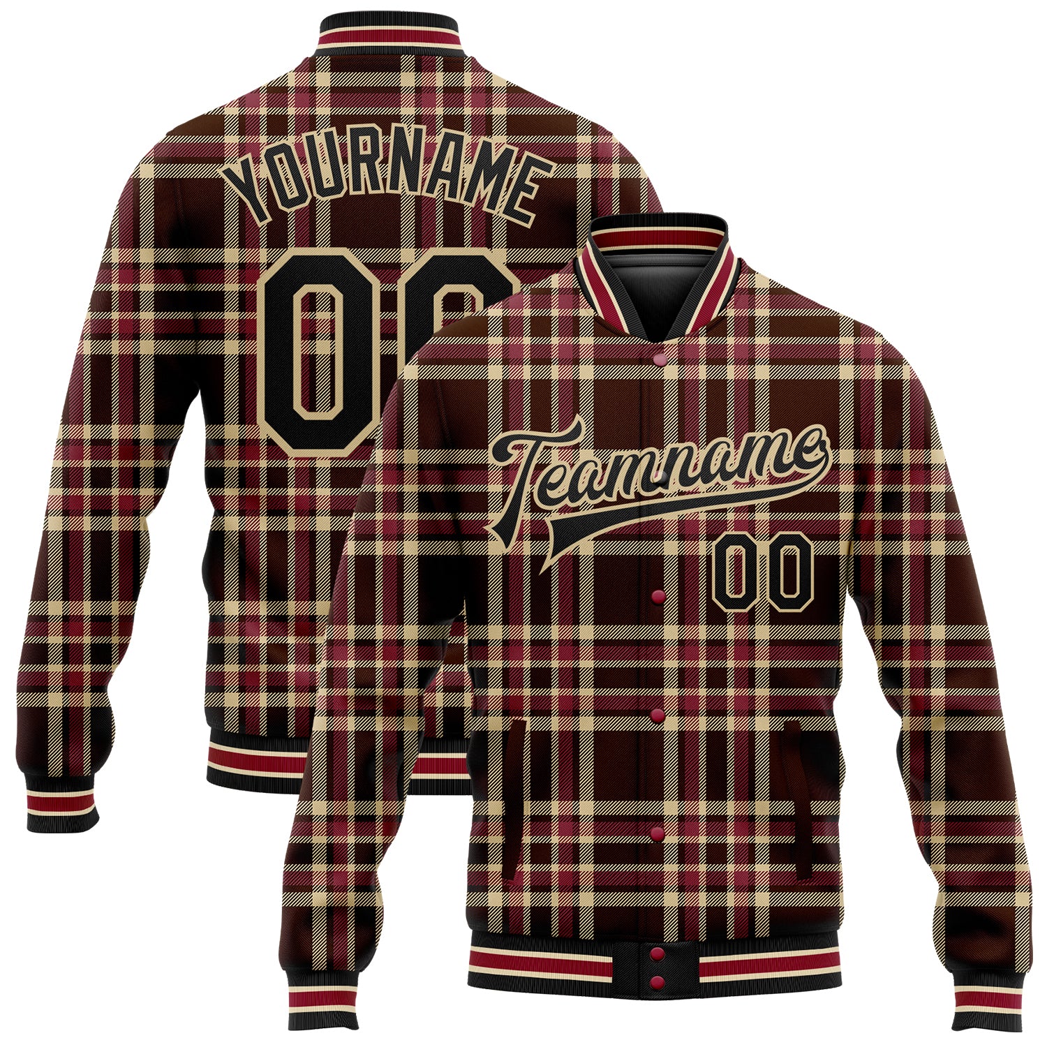 Custom Name Number Personalized Western Plaid Bomber Jacket Brown Black Vegas Gold Cream Crimson 3D Pattern Full-Snap Varsity Letterman