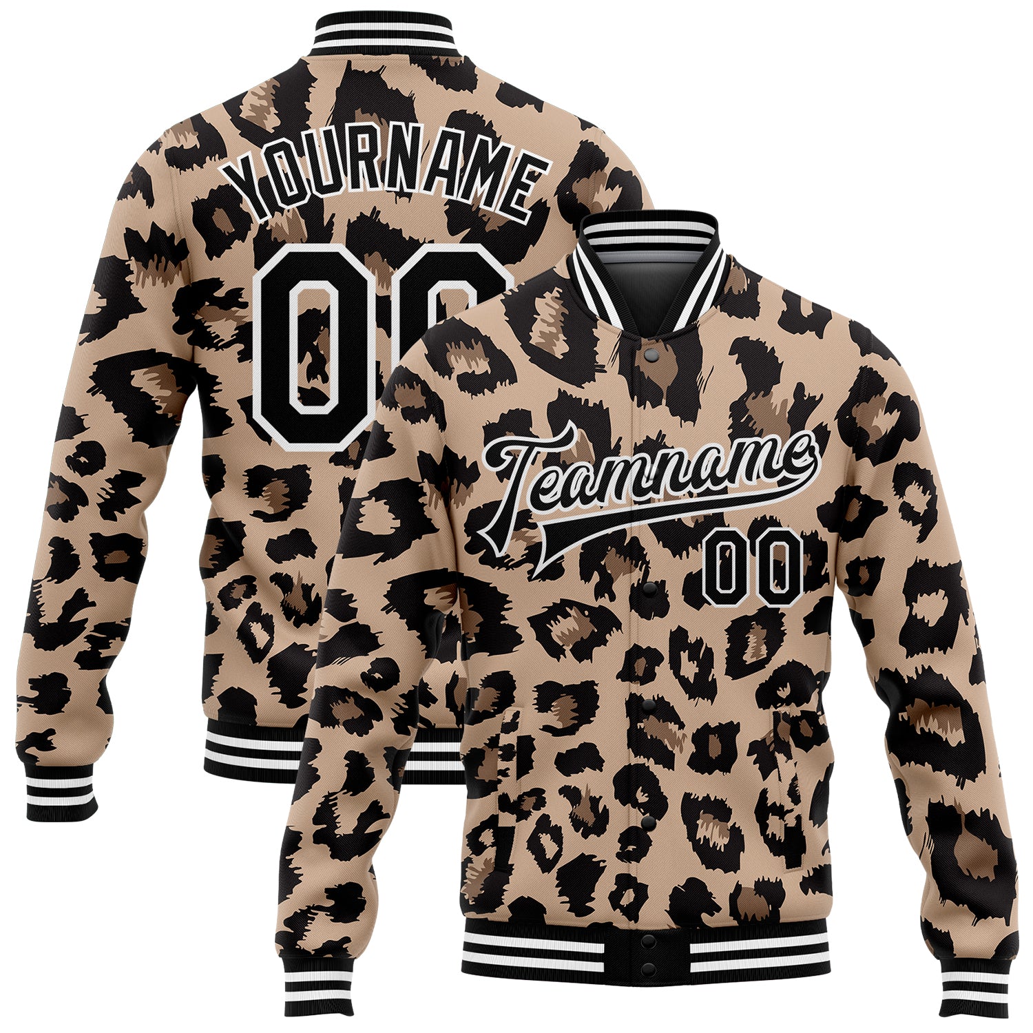 Custom Leopard Print 3D Bomber Jacket Brown Black-White Varsity Full-Snap Letterman Personalized Brown Black-White Leopard