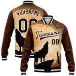 Personalized 3D Wolf Fullmoon Varsity Letterman Jacket - Brown Black-White Bomber Full-Snap Style Personalized Brown Black-White