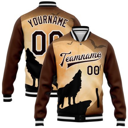 Personalized 3D Wolf Fullmoon Varsity Letterman Jacket - Brown Black-White Bomber Full-Snap Style Personalized Brown Black-White