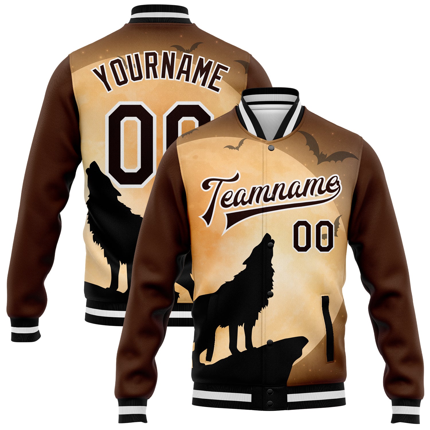 Custom Wolf Fullmoon 3D Pattern Bomber Jacket - Personalized Black-White Varsity Letterman with Team Name and Number Personalized
