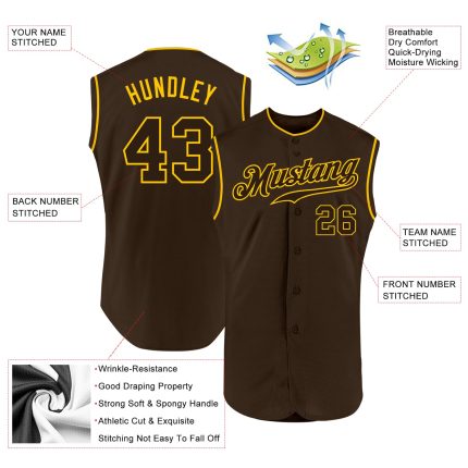 Custom Name and Number Sleeveless Baseball Jersey - Personalized Brown and Gold Authentic Team Jersey Personalized Brown