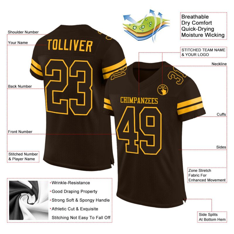Custom Brown-Gold Football Jersey Personalized with Name & Number - Authentic Team Gear Personalized Brown Brown-Gold Mesh