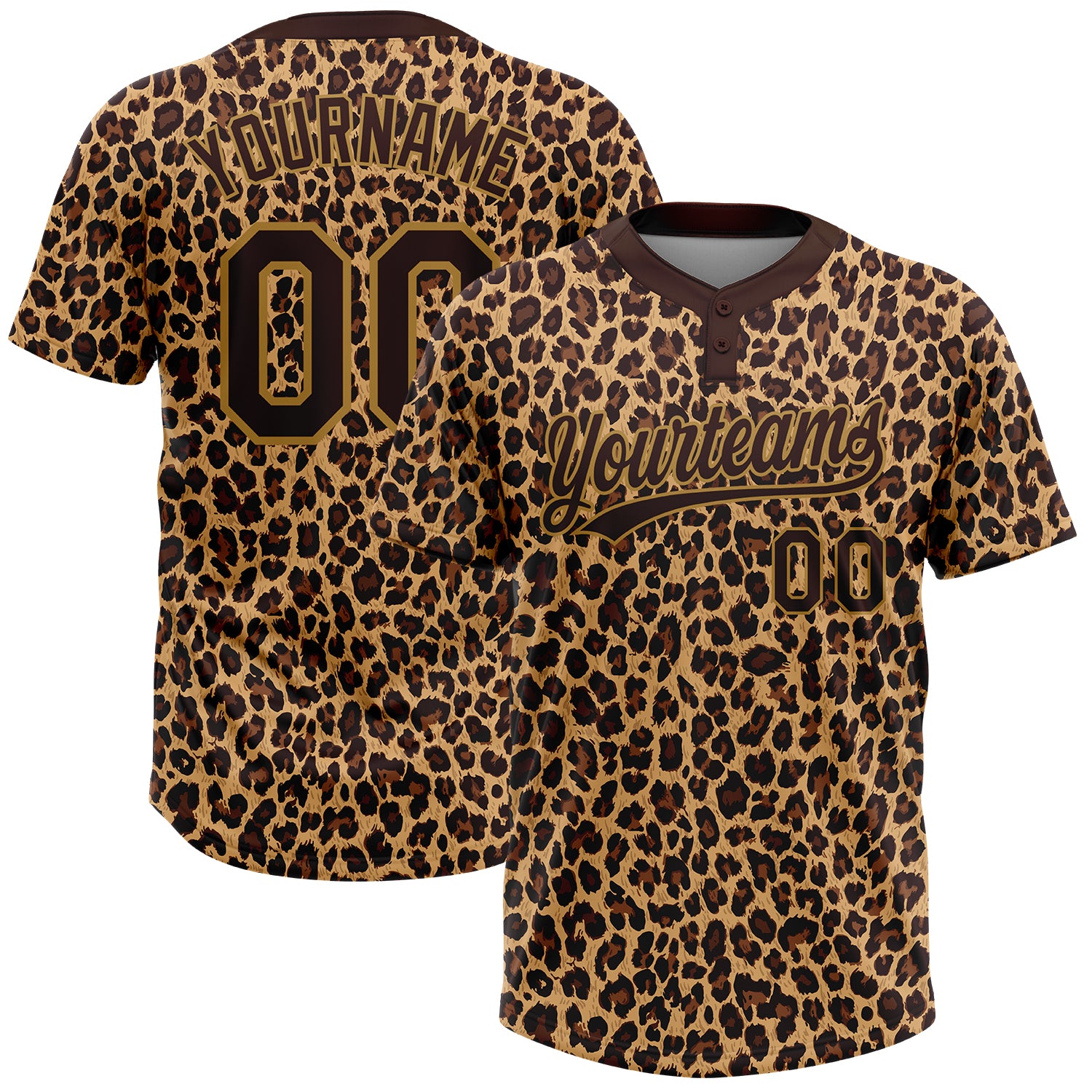 Personalized 3D Leopard Unisex Softball Jersey in Brown-Old Gold, Two-Button Design Personalized Brown Brown-Old Gold 3D