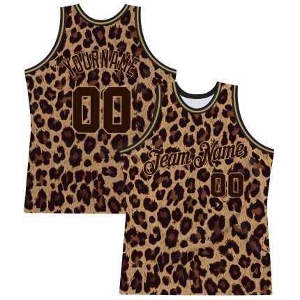 Custom Leopard Print Basketball Jersey with Personalized Name and Number - Brown and Old Gold 3D Pattern Design Personalized