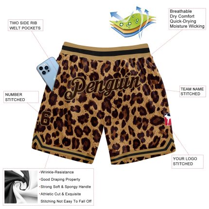 Custom Leopard Basketball Shorts with 3D Pattern, Personalized Brown and Gold Design, Team Name and Number, Style 7325 Personalized
