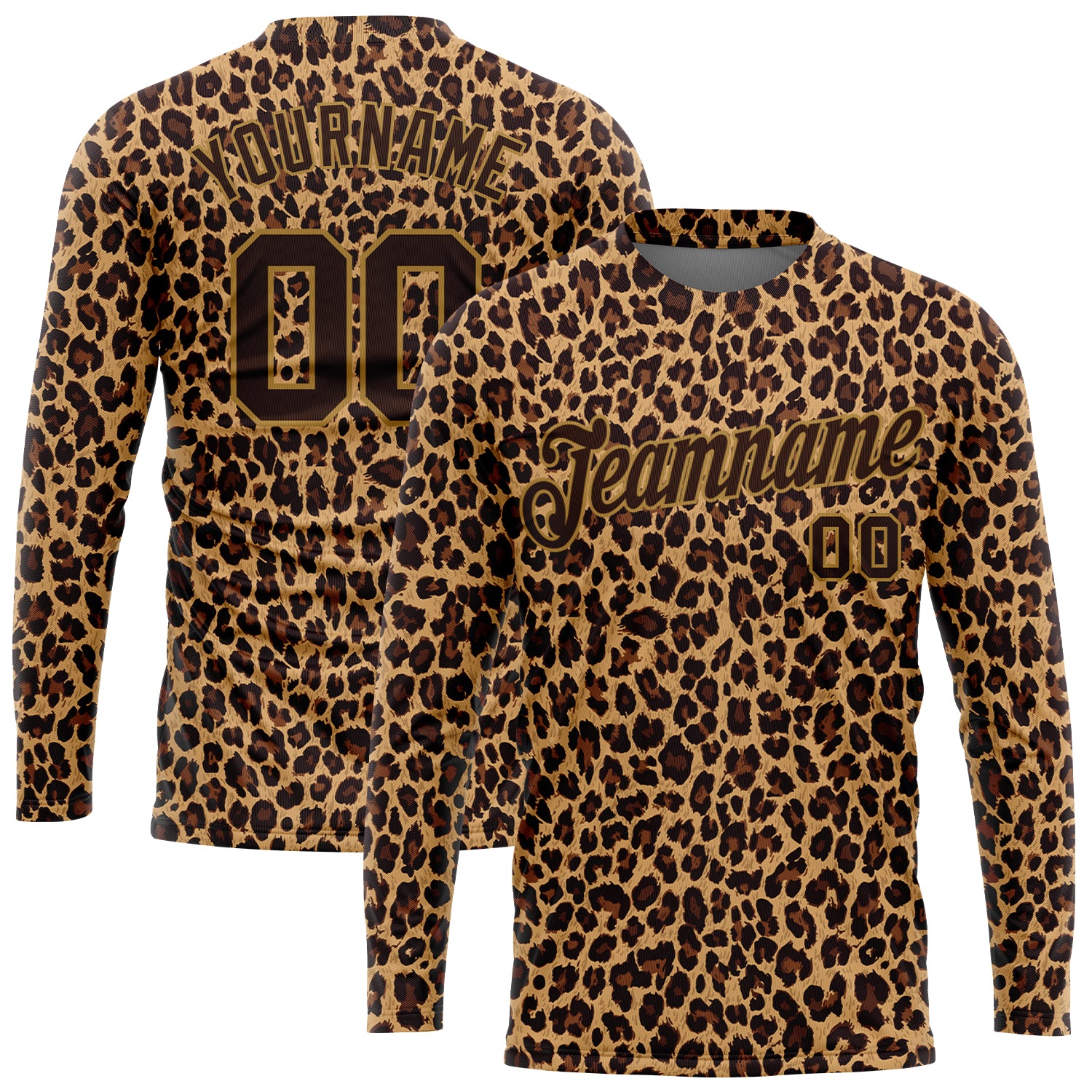 Personalized Leopard 3D Pattern Long Sleeve Performance T-Shirt with Custom Team Name and Number - Brown/Old Gold Personalized