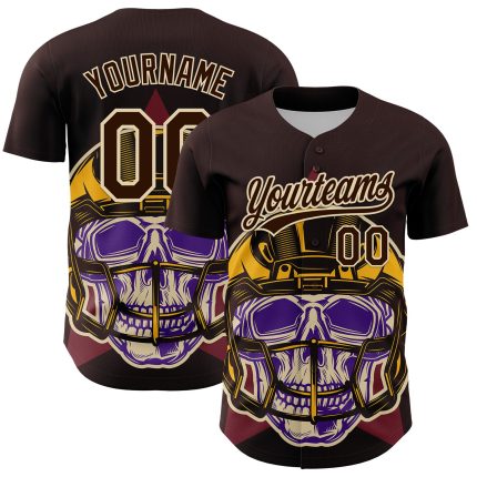 Personalized 3D Football Skull Helmet Baseball Jersey in Brown Cream Personalized Brown Cream 3D Football Skull Helmet Baseball