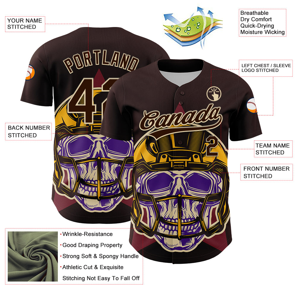 Personalized Brown Cream 3D Football Skull Helmet Baseball Jersey Personalized 3D Football Skull Helmet Baseball Jersey in Brown Cream Personalized Brown Cream 3D Football Skull Helmet Baseball - Image 3