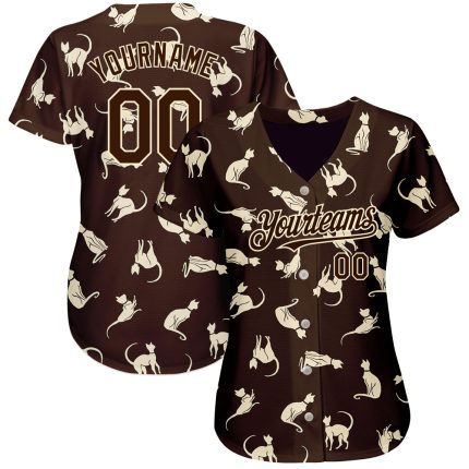 Custom Name and Number Cat Baseball Jersey - Personalized Brown Cream 3D Pattern Design Personalized Brown Cream 3D Pattern