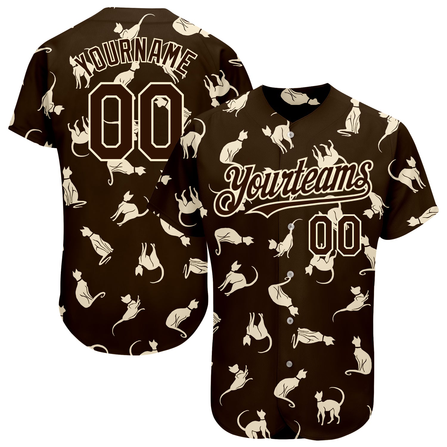 Custom Name and Number Cat Baseball Jersey - Personalized Brown Cream 3D Pattern Design Personalized Brown Cream 3D Pattern