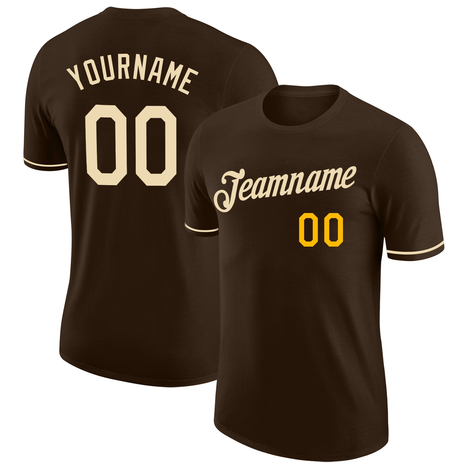 Custom Team Name and Number Brown Cream-Gold Performance T-Shirt - Personalized Sportswear Personalized Brown Cream-Gold