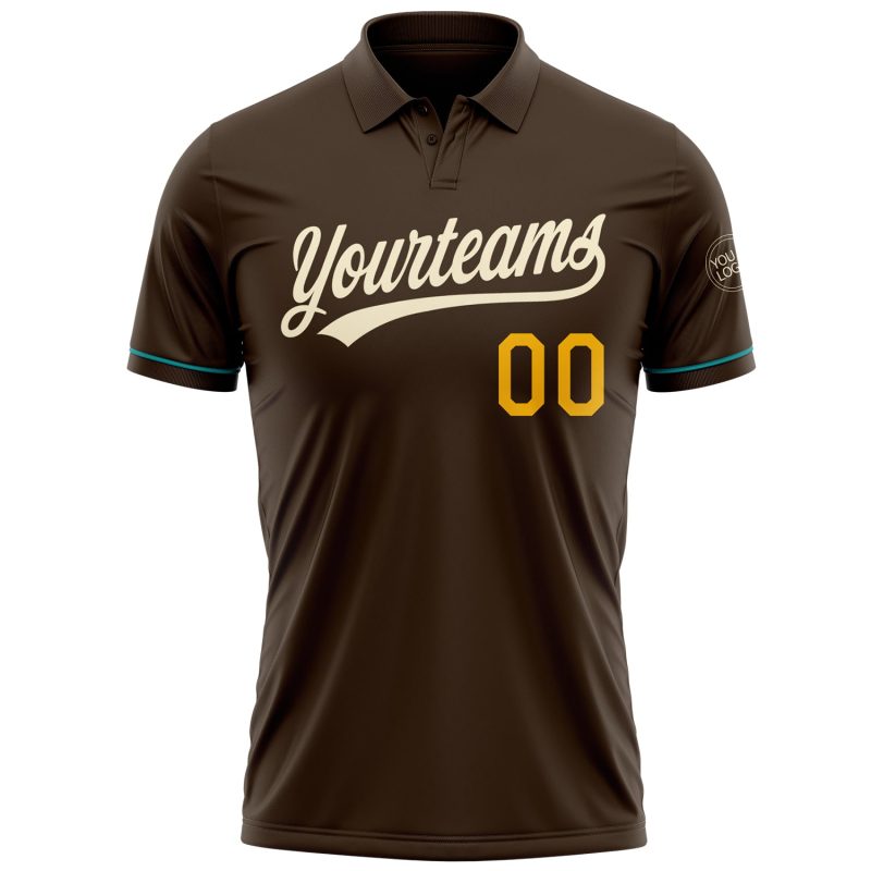 Personalized Performance Golf Polo Shirt in Brown Cream Gold-Teal Personalized Brown Cream Gold-Teal Performance Vapor Golf
