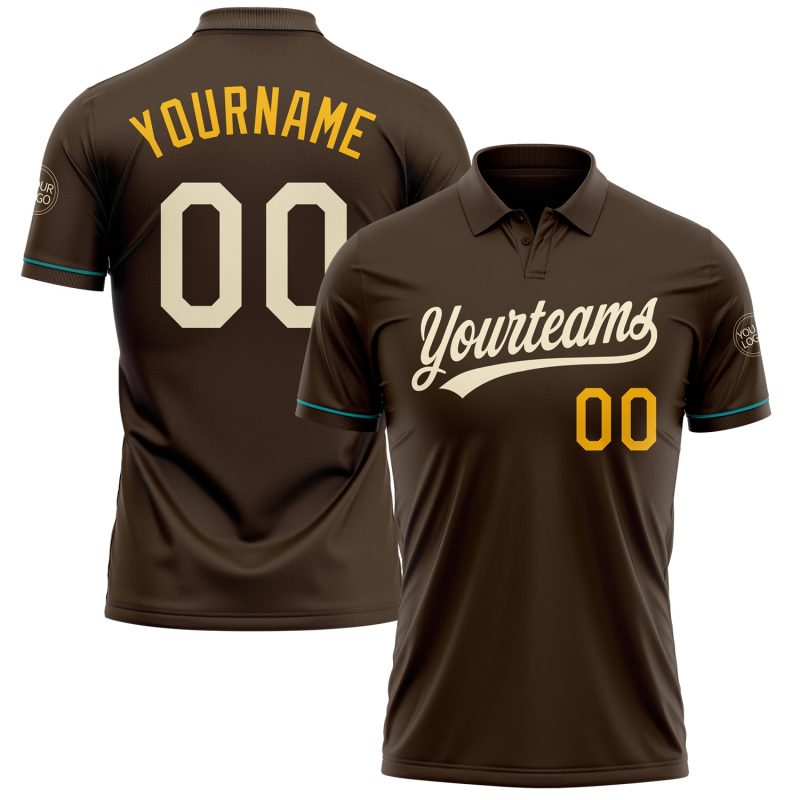 Personalized Performance Golf Polo Shirt in Brown Cream Gold-Teal Personalized Brown Cream Gold-Teal Performance Vapor Golf