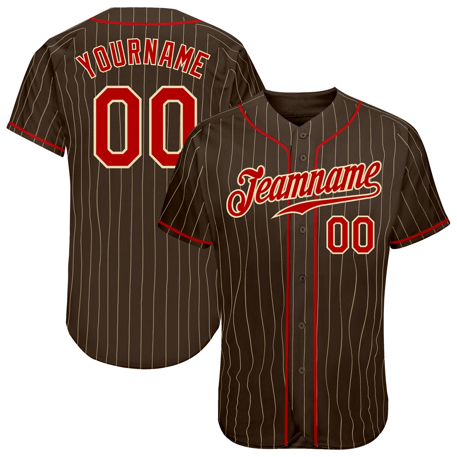 Custom Red Cream Pinstripe Baseball Jersey with Name and Number - Personalized Brown Team Design Personalized Brown Cream