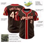 Custom Name and Number Baseball Jersey in Brown Cream-Red - Authentic 3-Color Arm Shapes Design Personalized Brown Cream-Red