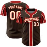 Custom Name and Number Baseball Jersey in Brown Cream-Red - Authentic 3-Color Arm Shapes Design Personalized Brown Cream-Red