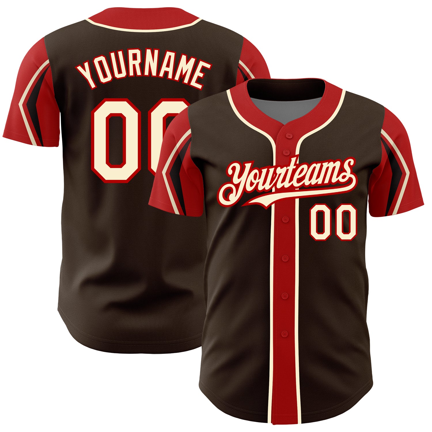 Custom Name and Number Baseball Jersey in Brown Cream-Red - Authentic 3-Color Arm Shapes Design Personalized Brown Cream-Red