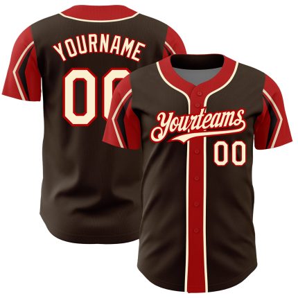 Personalized Baseball Jersey in Brown Cream-Red with 3 Arm Shape Colors Personalized Brown Cream-Red 3 Colors Arm Shapes