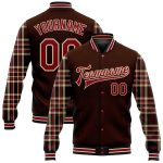 Custom Name Number Team Bomber Varsity Jacket Classic Western Plaid 3D Pattern Full-Snap in Brown Crimson Vegas Gold Black-City Cream