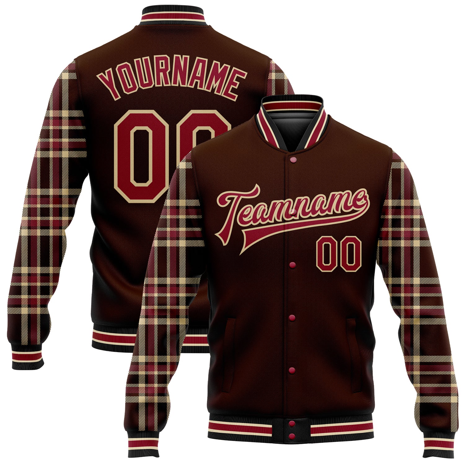 Custom Name Number Team Bomber Varsity Jacket Classic Western Plaid 3D Pattern Full-Snap in Brown Crimson Vegas Gold Black-City Cream