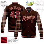 Custom Name Number Team Bomber Varsity Jacket Classic Western Plaid 3D Pattern Full-Snap in Brown Crimson Vegas Gold Black-City Cream