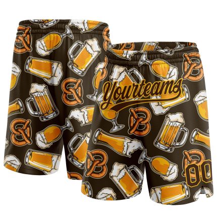 Custom Name Number Basketball Shorts - Personalized 3D Brown Gold Pattern Design Beer Team Apparel Personalized Brown Gold