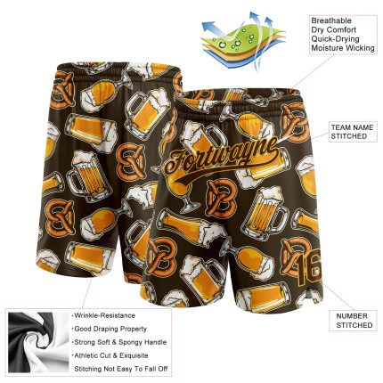 Custom Name Number Basketball Shorts - Personalized 3D Brown Gold Pattern Design Beer Team Apparel Personalized Brown Gold