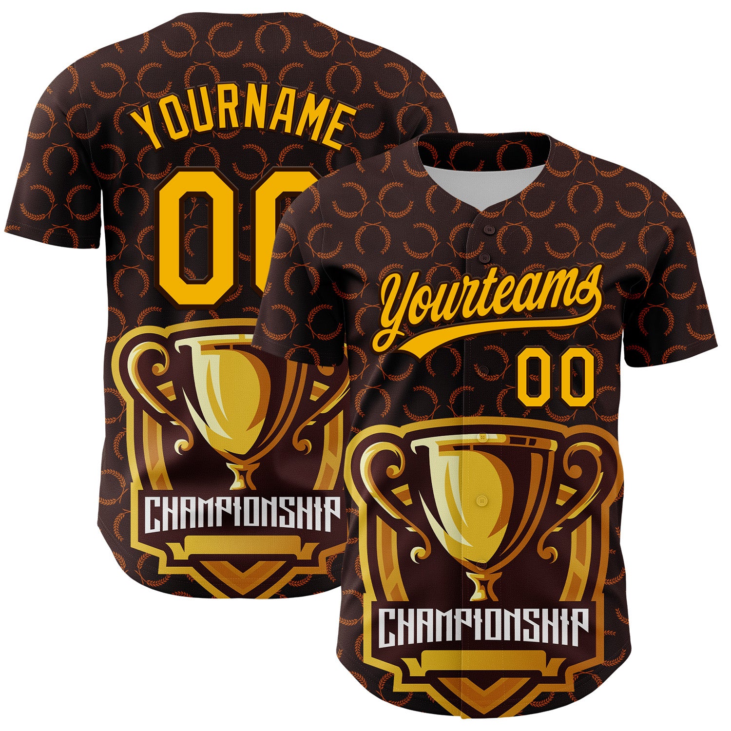 Custom Name and Number Champion Trophy Baseball Jersey, Personalized 3D Brown Gold Pattern Design for Team Personalized Brown