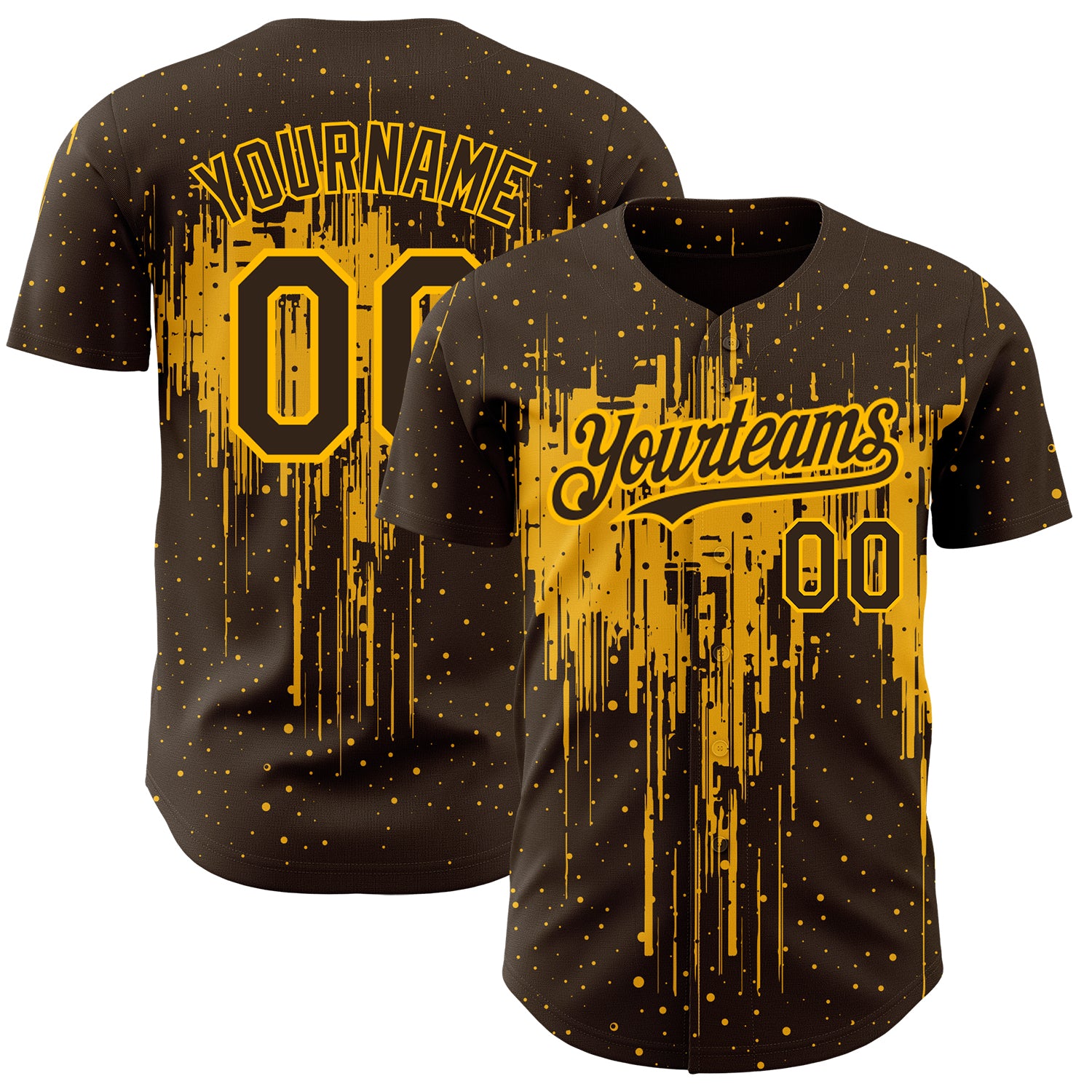 Custom Name and Number Dripping Splatter Art Baseball Jersey - Personalized Brown Gold 3D Pattern Design Team Apparel Personalized