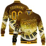 Personalized 3D Bomber Varsity Jacket for Music Festival in Brown Gold-Black - Full-Snap Letterman Style Personalized Brown