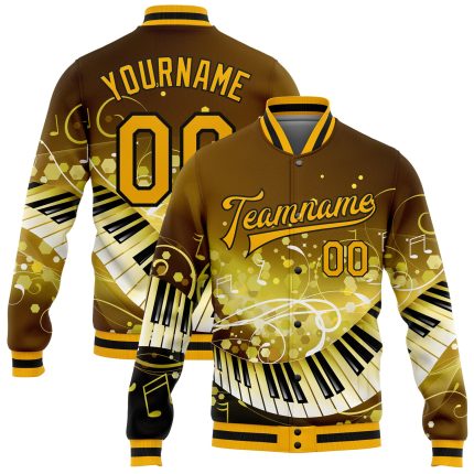 Personalized 3D Bomber Varsity Jacket for Music Festival in Brown Gold-Black - Full-Snap Letterman Style Personalized Brown