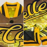 Custom Name and Number Brown Gold-Black 3D Piano Music Festival Bomber Varsity Letterman Jacket Personalized Brown Gold-Black