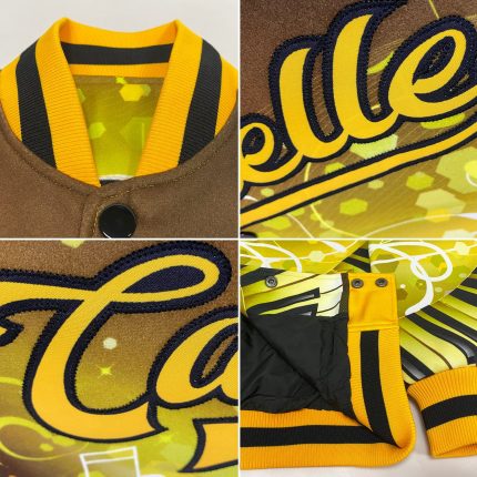 Custom Name and Number Brown Gold-Black 3D Piano Music Festival Bomber Varsity Letterman Jacket Personalized Brown Gold-Black