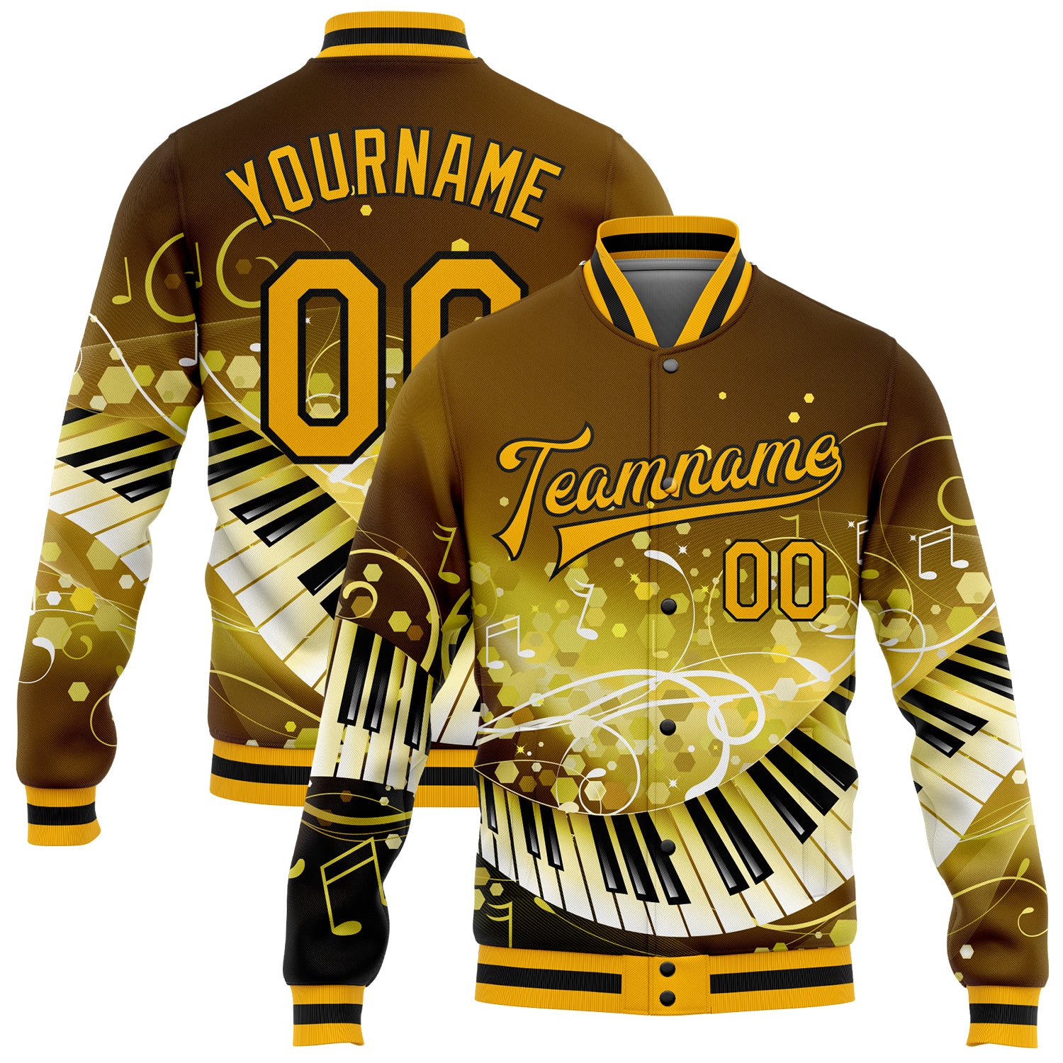 Custom Name and Number Brown Gold-Black 3D Piano Music Festival Bomber Varsity Letterman Jacket Personalized Brown Gold-Black