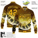 Custom Name and Number Brown Gold-Black 3D Piano Music Festival Bomber Varsity Letterman Jacket Personalized Brown Gold-Black