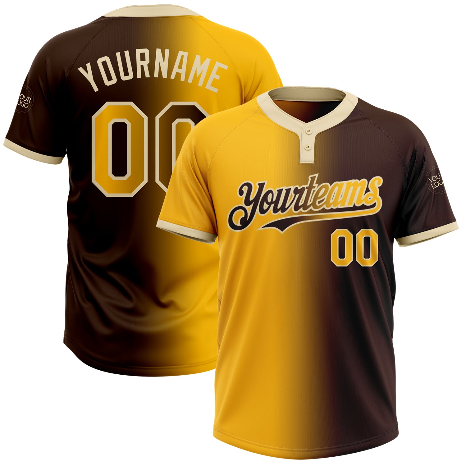 Custom Name and Number Two-Button Unisex Softball Jersey - Personalized Brown Gold-Cream Gradient Fashion Design Personalized