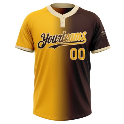 Custom Name and Number Two-Button Unisex Softball Jersey - Personalized Brown Gold-Cream Gradient Fashion Design Personalized