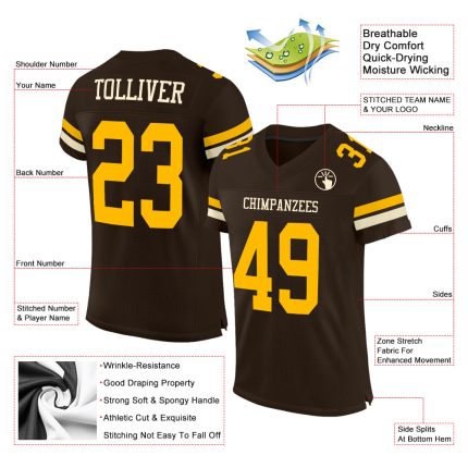 Custom Authentic Football Jersey with Personalized Name and Number - Brown Gold-Cream Mesh Team Apparel Personalized Brown