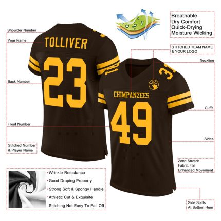 Custom Football Jersey with Personalized Name and Number, Brown Gold Mesh, Authentic Team Gear Personalized Brown Gold Mesh