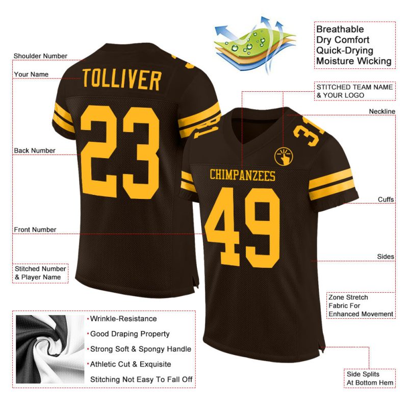 Personalized Football Jersey in Brown and Gold Mesh - Custom Team Apparel Personalized Brown Gold Mesh Football Jersey
