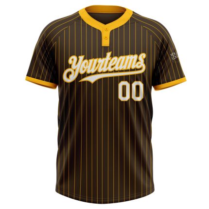 Personalized Unisex Softball Jersey - Brown Gold Pinstripe Two-Button Design in White Personalized Brown Gold Pinstripe White