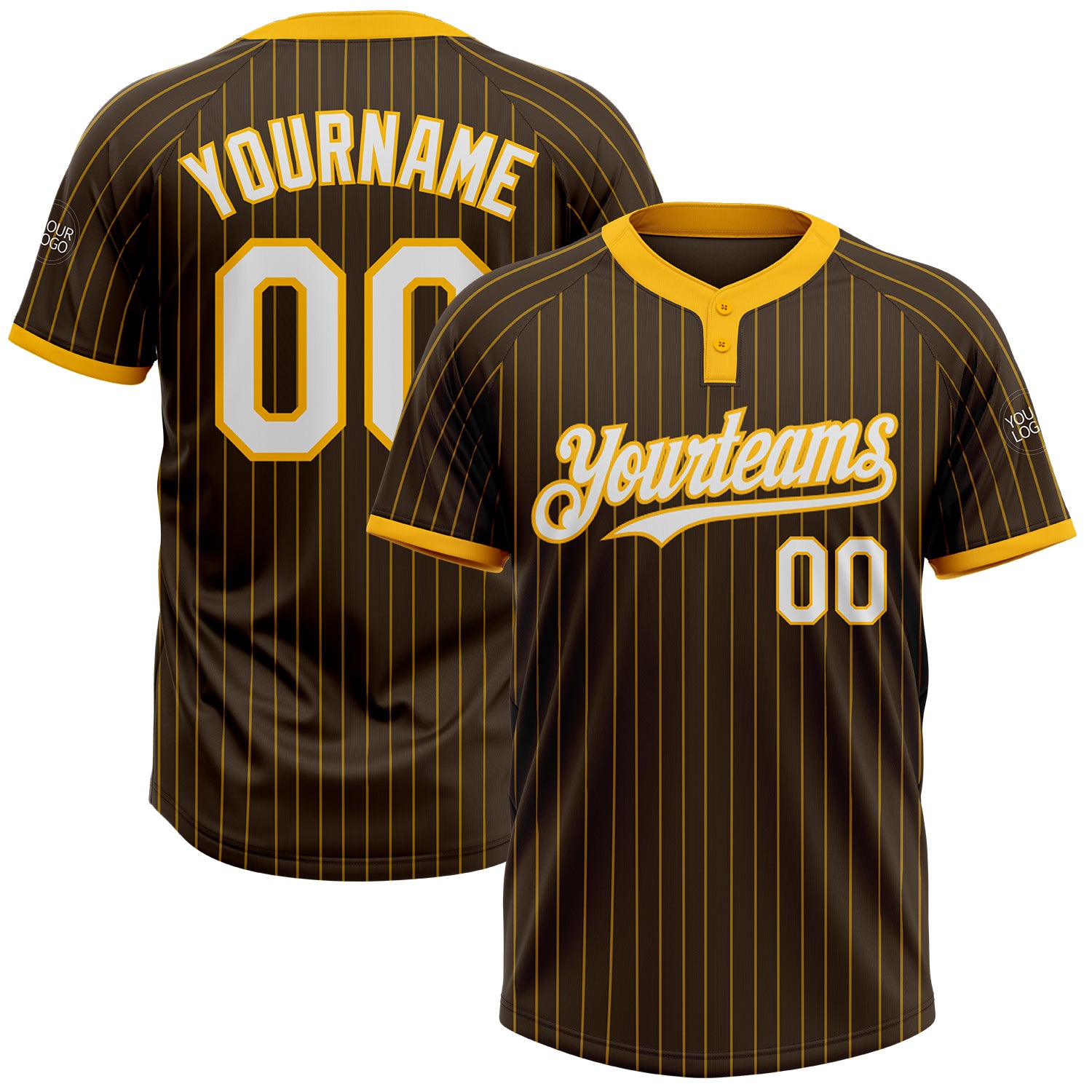 Custom Name Number Unisex Softball Jersey - Personalized Brown Gold Pinstripe Two-Button Design Personalized Brown Gold Pinstripe