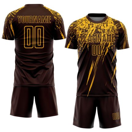 Personalized Soccer Jersey - Brown and Gold Sublimation Uniform for Teams Personalized Brown Gold Sublimation Soccer Uniform