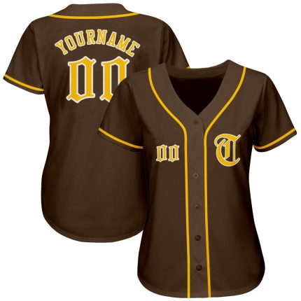 Customizable Authentic Baseball Jersey in Brown, Gold, and White Personalized Brown Gold-White Authentic Baseball Jersey