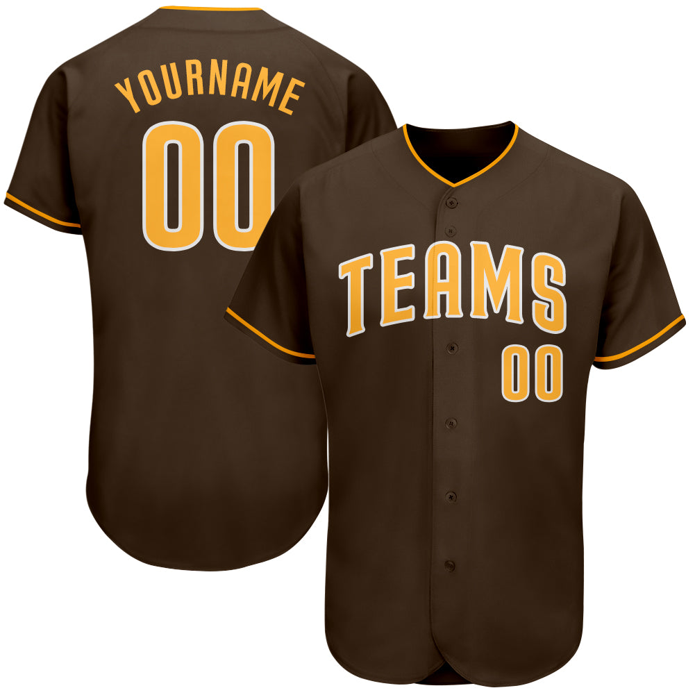 Custom Name and Number Personalized Authentic Baseball Jersey - Brown Gold White Team Jersey Personalized Brown Gold-White