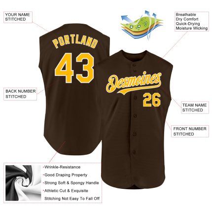 Personalized Authentic Baseball Jersey in Brown Gold-White Sleeveless Design Personalized Brown Gold-White Authentic Sleeveless